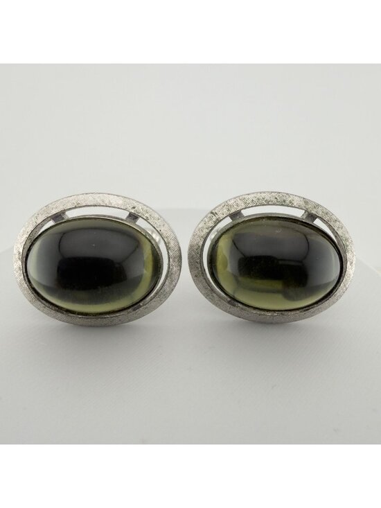 Other - Vintage Green Domed Cabochon Cuff Links Silver Tone Mid Century